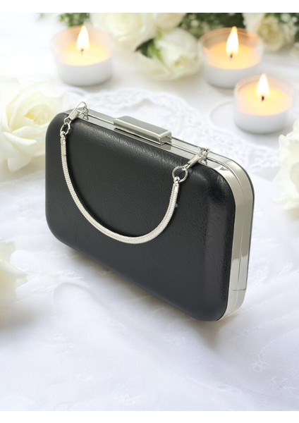 Siyah Kırışık Cilt Deri Metalik Renk Zincir Askılı Abiye Çanta Düğün Nişan Mezuniyet