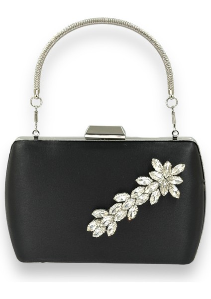 Siyah Renk Saten Metal Saplı Kulplu Kristal Gümüş Taşlı Metal Kasalı Abiye Çanta Gece Çantası