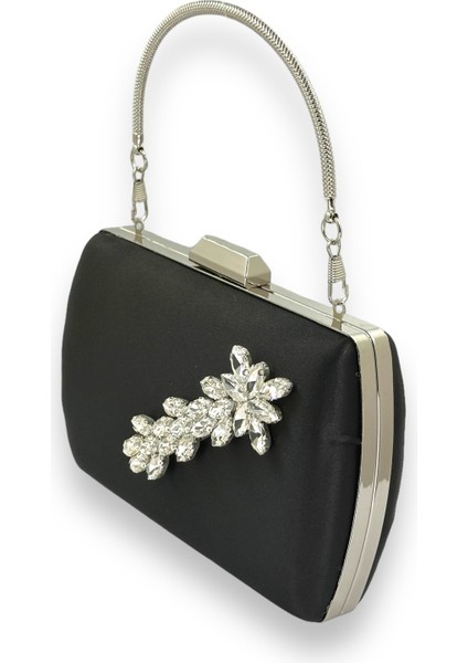 Siyah Renk Saten Metal Saplı Kulplu Kristal Gümüş Taşlı Metal Kasalı Abiye Çanta Gece Çantası fiyatları