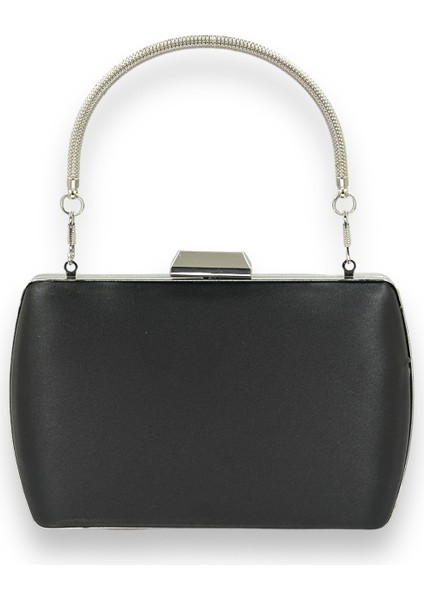 Siyah Renk Saten Metal Saplı Kulplu Kristal Gümüş Taşlı Metal Kasalı Abiye Çanta Gece Çantası modelleri