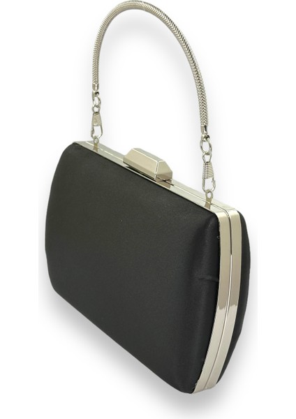 Siyah Renk Saten Metal Saplı Kulplu Kristal Gümüş Taşlı Metal Kasalı Abiye Çanta Gece Çantası fırsatları