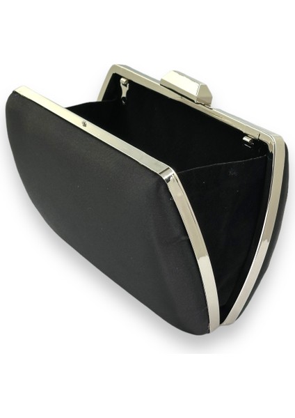 Siyah Renk Saten Metal Saplı Kulplu Kristal Gümüş Taşlı Metal Kasalı Abiye Çanta Gece Çantası indirimleri