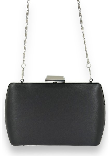 Siyah Renk Saten Metal Saplı Kulplu Kristal Gümüş Taşlı Metal Kasalı Abiye Çanta Gece Çantası