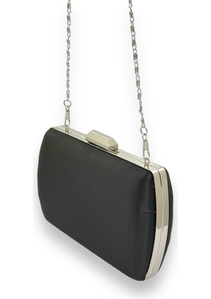 Siyah Renk Saten Metal Saplı Kulplu Kristal Gümüş Taşlı Metal Kasalı Abiye Çanta Gece Çantası