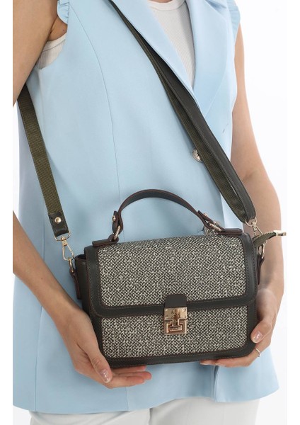 ,kilit Detaylı, Hasır Nakışlı,günlük ,şık, haki bayan Çapraz Çantası
