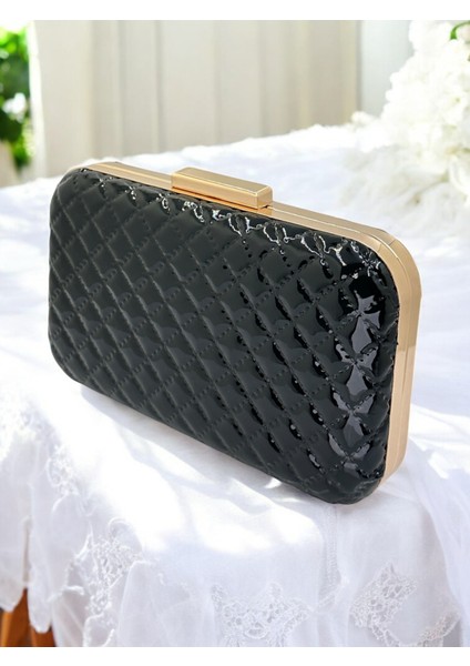 Siyah Lüks Rugan Kapitone Desenli Kadın Abye Çanta Düğün Nişan Mezuniyet