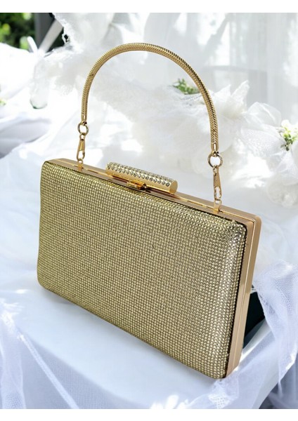 Açık Altın Renk Tek Taraf Taşlı Metal Saplı Kadın Abiye Çanta Düğün Nişan Mezuniyet