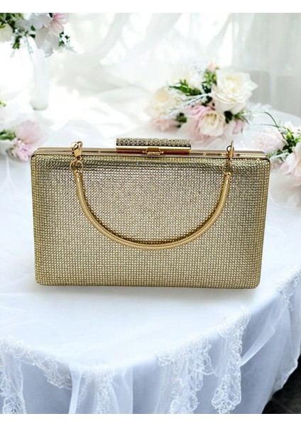 Açık Altın Renk Tek Taraf Taşlı Metal Saplı Kadın Abiye Çanta Düğün Nişan Mezuniyet indirimleri