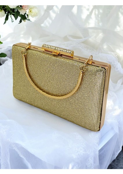 Açık Altın Renk Tek Taraf Taşlı Metal Saplı Kadın Abiye Çanta Düğün Nişan Mezuniyet