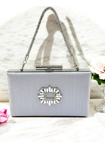 Gümüş Gri Taşlı Saplı Renk El Izi Yapmayan Simli Saten Kristal Taşlı Kadın Abiye Çanta Düğün Nişan fiyatları