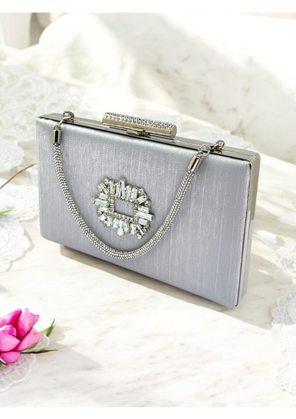 Gümüş Gri Taşlı Saplı Renk El Izi Yapmayan Simli Saten Kristal Taşlı Kadın Abiye Çanta Düğün Nişan modelleri