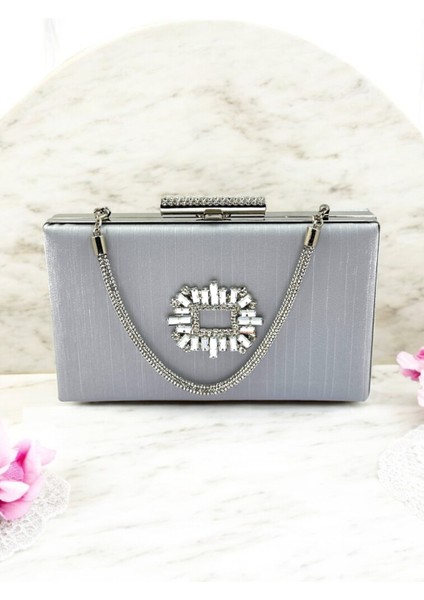 Gümüş Gri Taşlı Saplı Renk El Izi Yapmayan Simli Saten Kristal Taşlı Kadın Abiye Çanta Düğün Nişan fırsatları