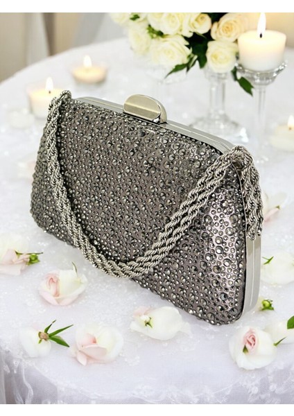Antrasit Gri Platin Renk Taşlı Zincir Kulplu Kadın Abiye Çanta Mezuniyet Düğün Nişan