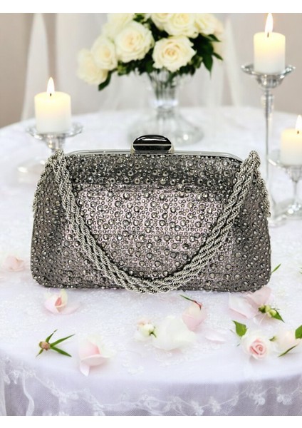 Antrasit Gri Platin Renk Taşlı Zincir Kulplu Kadın Abiye Çanta Mezuniyet Düğün Nişan fiyatları