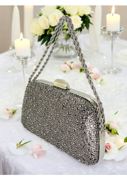 Antrasit Gri Platin Renk Taşlı Zincir Kulplu Kadın Abiye Çanta Mezuniyet Düğün Nişan modelleri