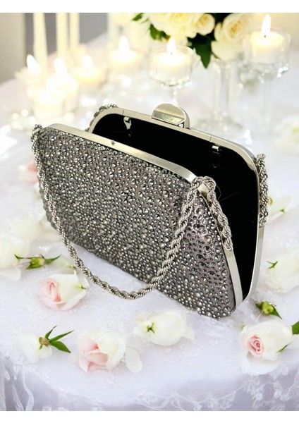 Antrasit Gri Platin Renk Taşlı Zincir Kulplu Kadın Abiye Çanta Mezuniyet Düğün Nişan fırsatları