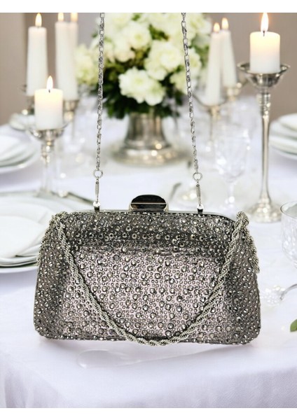 Antrasit Gri Platin Renk Taşlı Zincir Kulplu Kadın Abiye Çanta Mezuniyet Düğün Nişan indirimleri