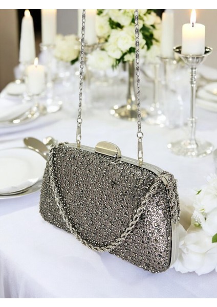 Antrasit Gri Platin Renk Taşlı Zincir Kulplu Kadın Abiye Çanta Mezuniyet Düğün Nişan