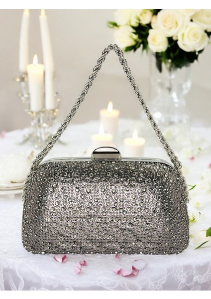 Antrasit Gri Platin Renk Taşlı Zincir Kulplu Kadın Abiye Çanta Mezuniyet Düğün Nişan