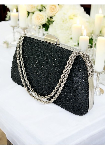 Siyah Renk Taşlı Zincir Kulplu Kadın Abiye Çanta Mezuniyet Düğün Nişan