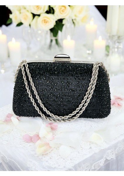 Siyah Renk Taşlı Zincir Kulplu Kadın Abiye Çanta Mezuniyet Düğün Nişan fiyatları