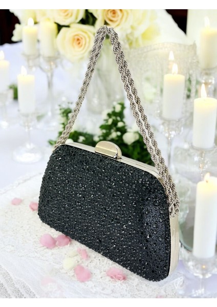 Siyah Renk Taşlı Zincir Kulplu Kadın Abiye Çanta Mezuniyet Düğün Nişan modelleri