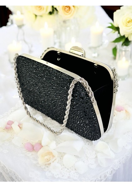 Siyah Renk Taşlı Zincir Kulplu Kadın Abiye Çanta Mezuniyet Düğün Nişan fırsatları