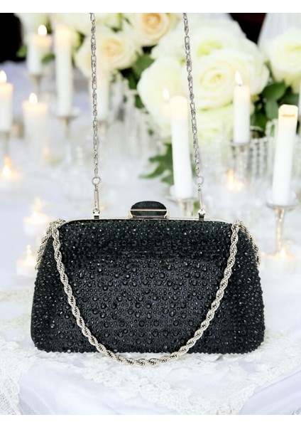 Siyah Renk Taşlı Zincir Kulplu Kadın Abiye Çanta Mezuniyet Düğün Nişan indirimleri