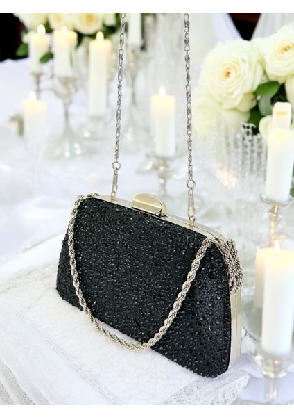 Siyah Renk Taşlı Zincir Kulplu Kadın Abiye Çanta Mezuniyet Düğün Nişan