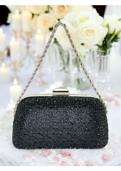 Siyah Renk Taşlı Zincir Kulplu Kadın Abiye Çanta Mezuniyet Düğün Nişan