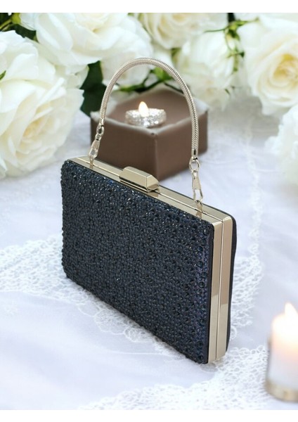 Lacivert Renk Metal Saplı Kristal Taşlı Abiye Çanta Düğün Nişan Kına Mezuniyet