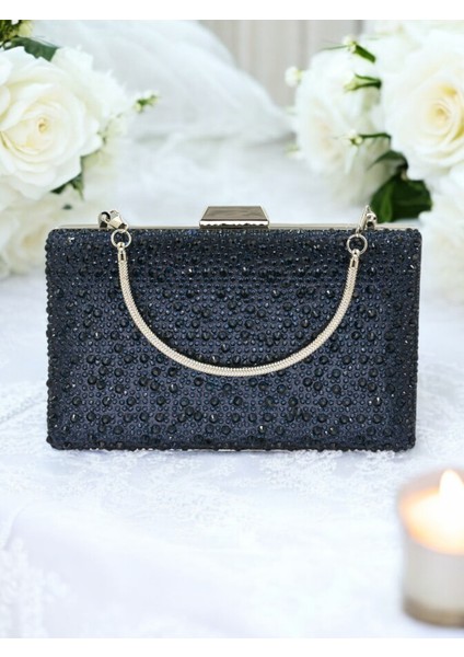 Lacivert Renk Metal Saplı Kristal Taşlı Abiye Çanta Düğün Nişan Kına Mezuniyet