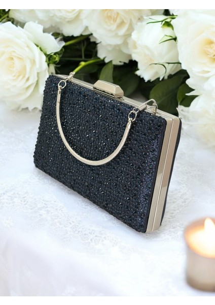 Lacivert Renk Metal Saplı Kristal Taşlı Abiye Çanta Düğün Nişan Kına Mezuniyet