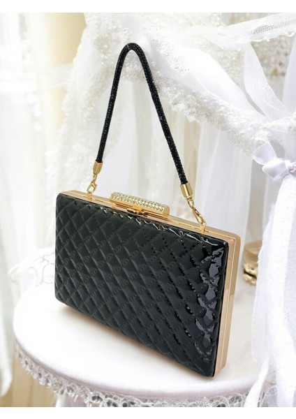 Siyah Lüks Rugan Taş Saplı Kapitone Desenli Kadın Abye Çanta Düğün Nişan Mezuniyet