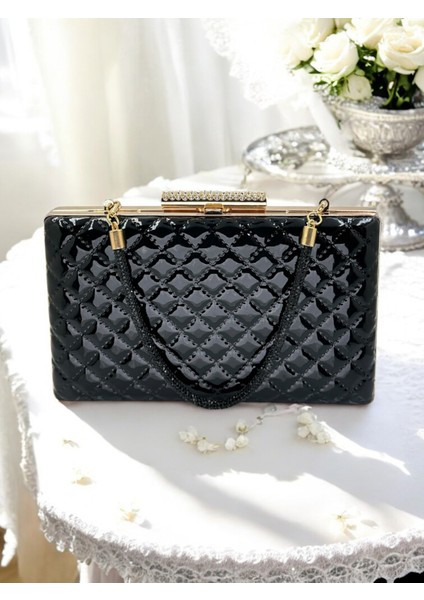 Siyah Lüks Rugan Taş Saplı Kapitone Desenli Kadın Abye Çanta Düğün Nişan Mezuniyet