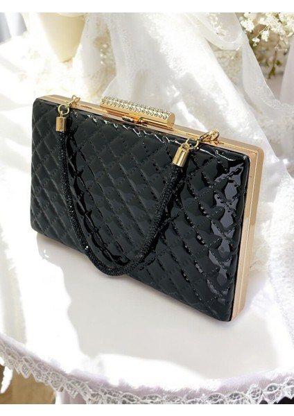 Siyah Lüks Rugan Taş Saplı Kapitone Desenli Kadın Abye Çanta Düğün Nişan Mezuniyet