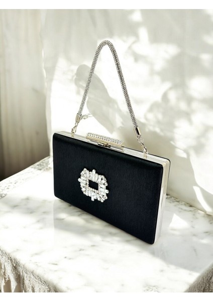 Siyah Taşlı Saplı Renk El Izi Yapmayan Simli Saten Kristal Taşlı Kadın Abiye Çanta Düğün Nişan
