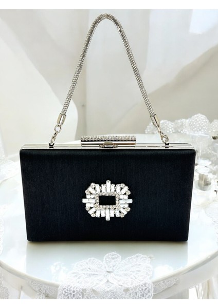 Siyah Taşlı Saplı Renk El Izi Yapmayan Simli Saten Kristal Taşlı Kadın Abiye Çanta Düğün Nişan fiyatları