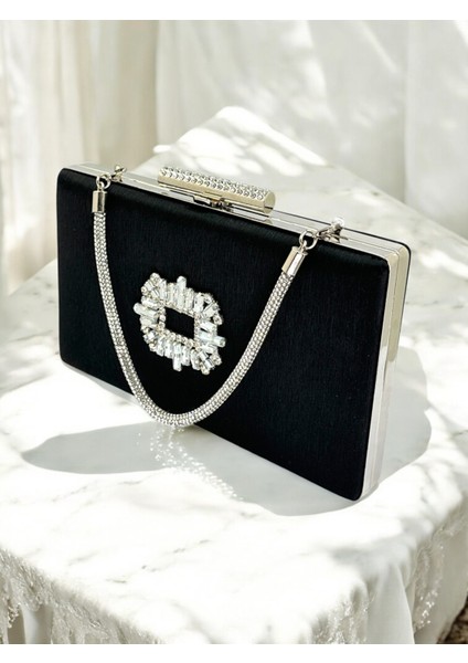 Siyah Taşlı Saplı Renk El Izi Yapmayan Simli Saten Kristal Taşlı Kadın Abiye Çanta Düğün Nişan modelleri