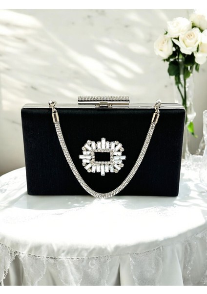 Siyah Taşlı Saplı Renk El Izi Yapmayan Simli Saten Kristal Taşlı Kadın Abiye Çanta Düğün Nişan fırsatları