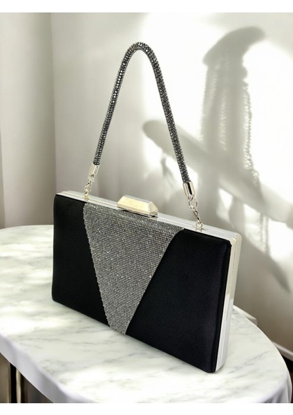 Siyah Renk Saten Platin Renk Kristal Taşlı Saplı Kadın Abiye Çanta Düğün Mezuniyet Nişan