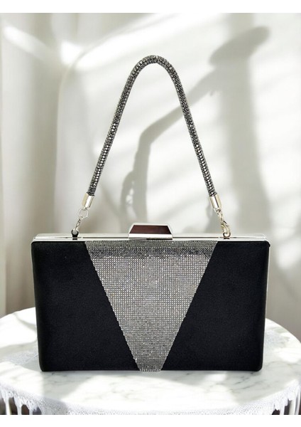 Siyah Renk Saten Platin Renk Kristal Taşlı Saplı Kadın Abiye Çanta Düğün Mezuniyet Nişan fiyatları