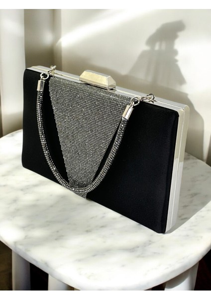 Siyah Renk Saten Platin Renk Kristal Taşlı Saplı Kadın Abiye Çanta Düğün Mezuniyet Nişan modelleri