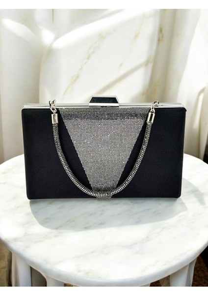 Siyah Renk Saten Platin Renk Kristal Taşlı Saplı Kadın Abiye Çanta Düğün Mezuniyet Nişan fırsatları