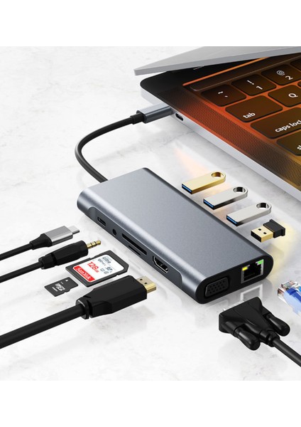 Macbook Uyumlu 11 In 1 Dönüştürücü, Çoklayacı Ethernet Sd USB Type C Hub HDMI