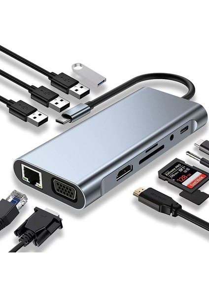 Macbook Uyumlu 11 In 1 Dönüştürücü, Çoklayacı Ethernet Sd USB Type C Hub HDMI indirimleri