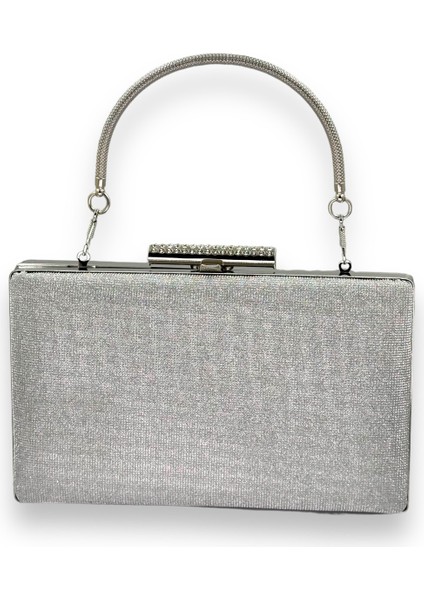 Gümüş Gri Lazer Desenli Metal Saplı Dökülmeyen Simli Abiye Çanta Gece Çantası Kına Düğün Nişan