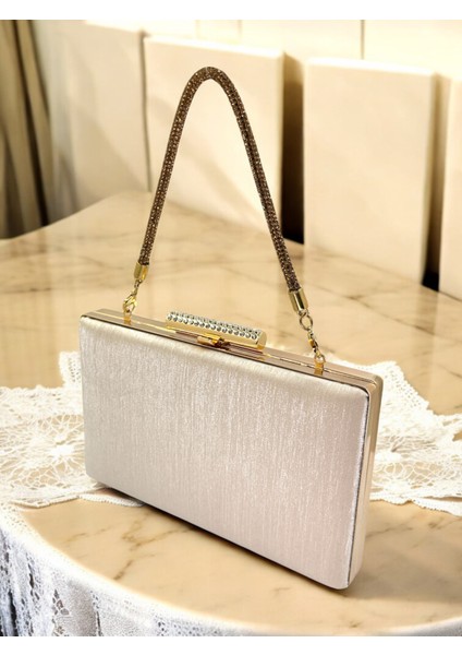 Ten Nude Taşlı Saplı Renk El Izi Yapmayan Simli Saten Kadın Abiye Çanta Düğün Nişan