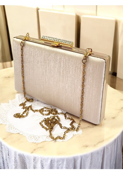 Ten Nude Taşlı Saplı Renk El Izi Yapmayan Simli Saten Kadın Abiye Çanta Düğün Nişan