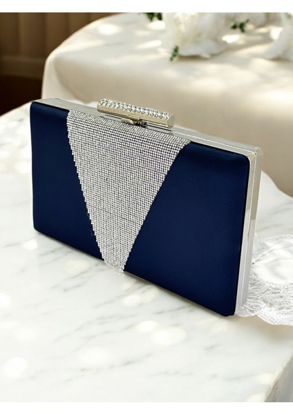 Lacivert Renk Saten Renk Kristal Taşlı Kadın Abiye Çanta Düğün Mezuniyet Nişan